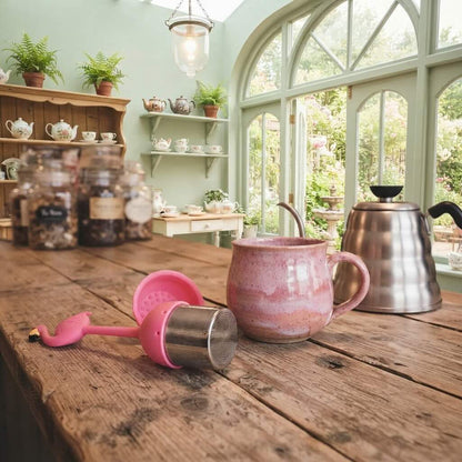 Infuseur à thé Couleurs d'été flamant rose couché sur comptoir près d'une tasse et d'une bouilloire col de cygne