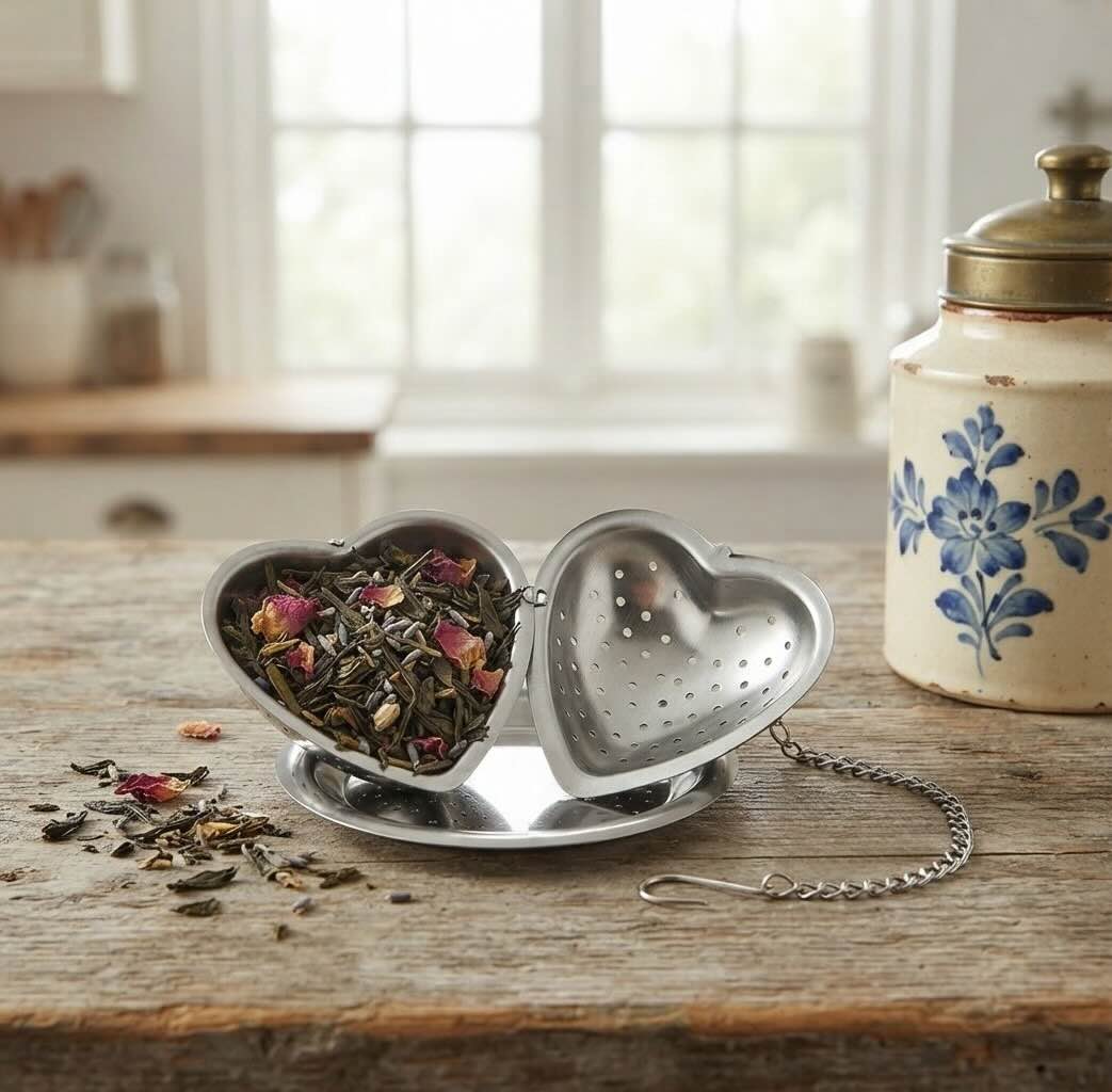 Infuseur à thé Fantaisie Rigolo en forme de coeur ouvert avec feuilles de thé à l'intérieur pour infusion sans résidu
