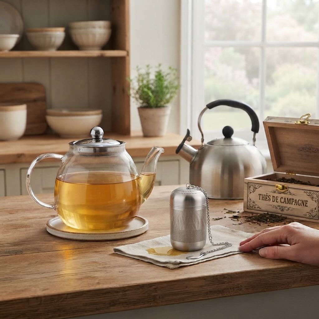 Infuseur à thé Hydro-Plongeur déposé sur comptoir près d'une théière en verre et une bouilloire en inox