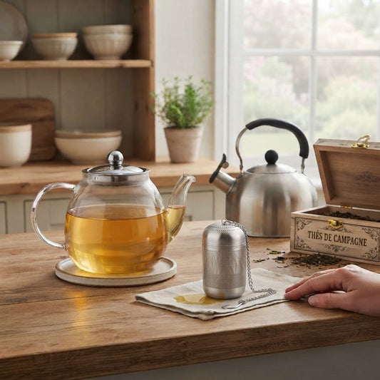 Infuseur à thé Hydro-Plongeur déposé sur comptoir près d'une théière en verre et une bouilloire en inox