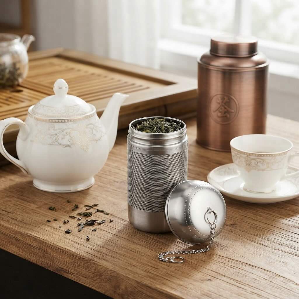 Infuseur à thé Hydro-Plongeur ouvert avec thé en vrac à l'intérieur théière et tasse en porcelaine blanche à proximité