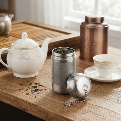 Infuseur à thé Hydro-Plongeur ouvert avec thé en vrac à l'intérieur théière et tasse en porcelaine blanche à proximité