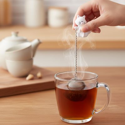 Infuseur à thé inox chat irrésistible blanc dans une main