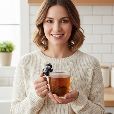 Infuseur à thé inox | Chat irrésistible noir en attente de l'infusion parfaite
