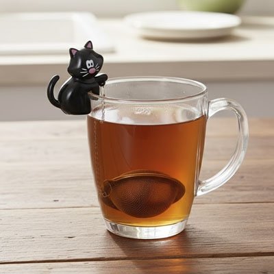 Infuseur à thé inox chat noir accroché bord de tasse