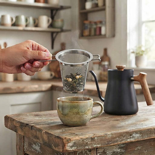 Infuseur à thé Le Suspendu au-dessus d'une tasse en grès remplie de fleurs de camomilles