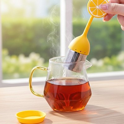 Infuseur à thé motif orange en silicone avec panier filtrant en acier inoxydable dans petite tasse en verre