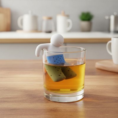 Infuseur à thé | Petit Bonhomme - blanc et bleu infusant dans un verre à thé