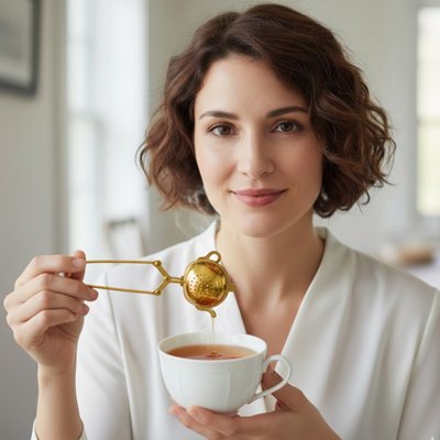 Infuseur a thé Pince-Moi en acier inoxydable doré, modèle théière, tenu au-dessus d'une tasse en porcelaine blanche.