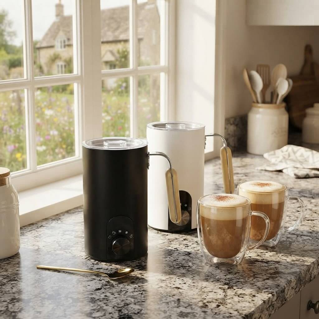 Lait mousseur Mouss-express électrique noir et blanc  sur comptoir granit avec tasses espresso