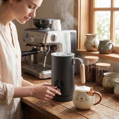 Lait mousseur Mouss-express noir électrique femme entrain de tourner la molette des programmes