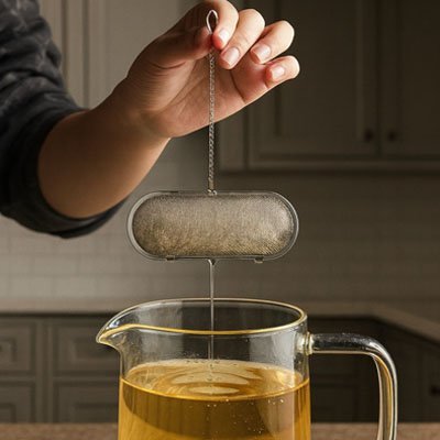 Main tenant une Boule à Thé | Inox Perfect par sa chaïnette au-dessus d'une carafe en verre remplie de thé infusé.