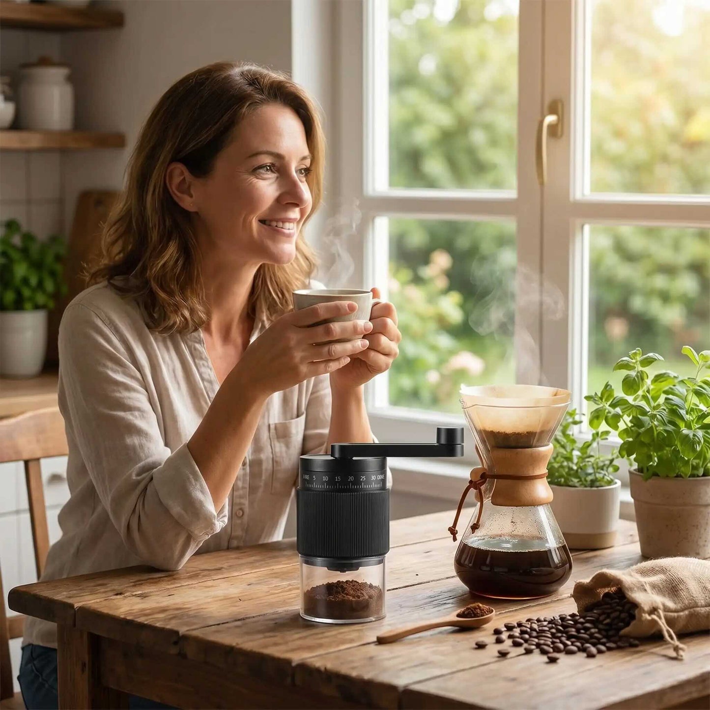 Moment de détente avec le moulin a café | Le 35 noir et une cafetière pour-over sur une table en bois.