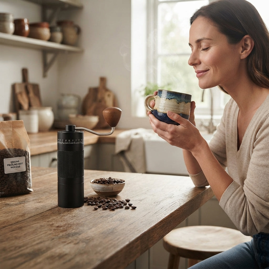 Moulin à café Précision 6 femme humant l'arôme fraîche de son espresso