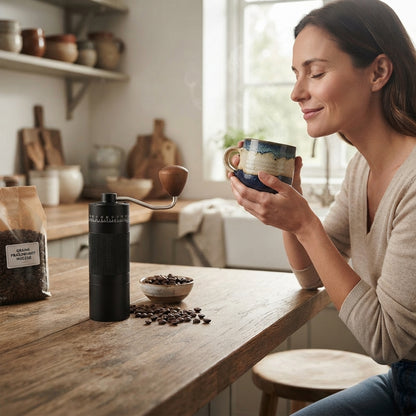 Moulin à café Précision 6 femme humant l'arôme fraîche de son espresso