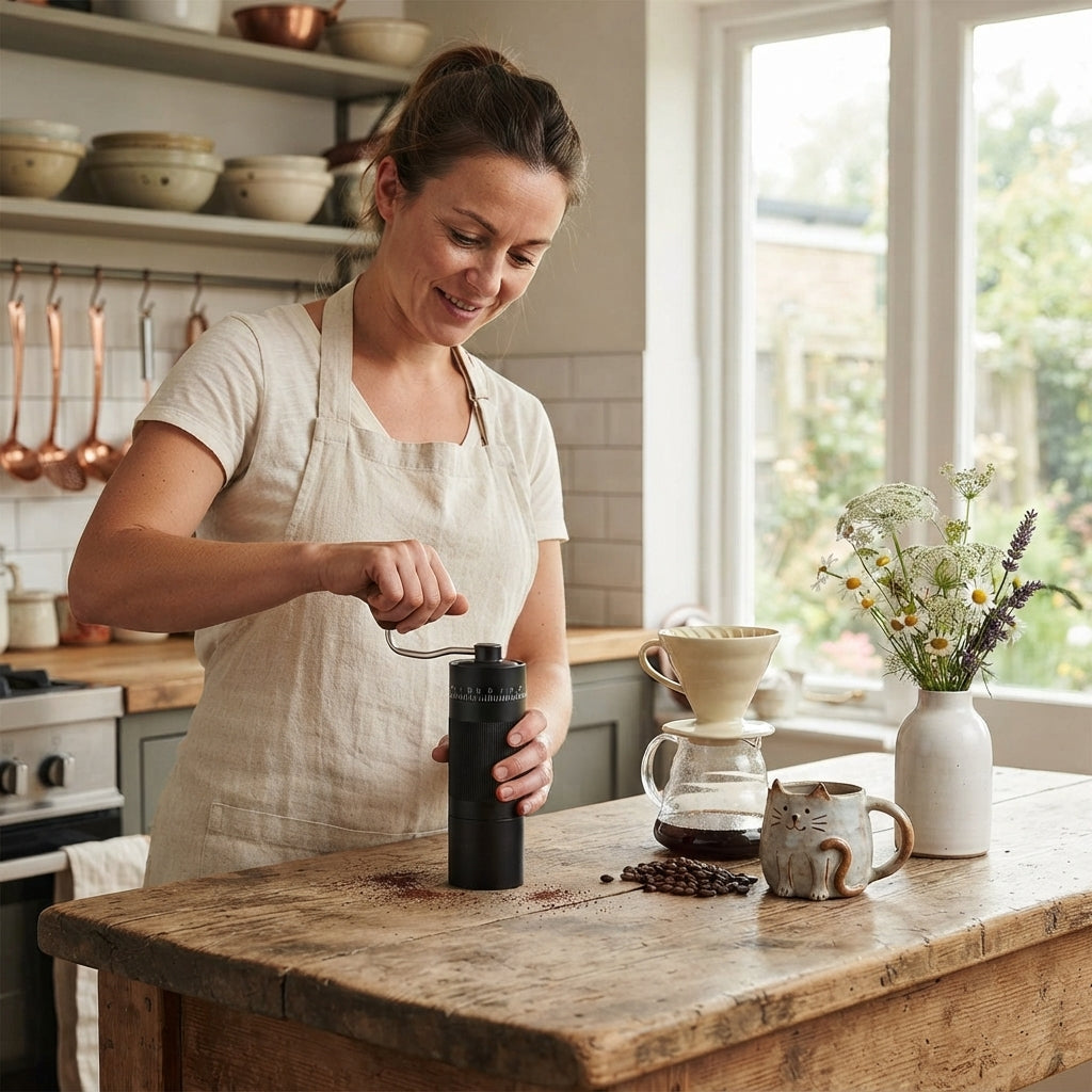 Moulin à café Précision 6 femme tourne manivelle pour moudre café