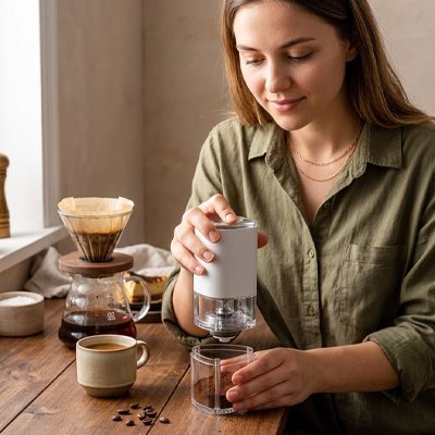 Moulin café blanc | Le Trilobe, femme qui vérifie sa mouture pour espresso.