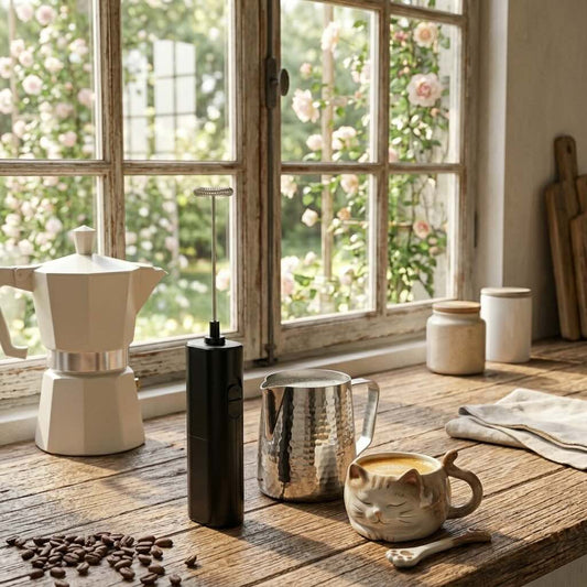 Mousseur a lait Crémeux Express noir sur comptoir champêtre avec pichet lait et tasse espresso artisanle forme chat