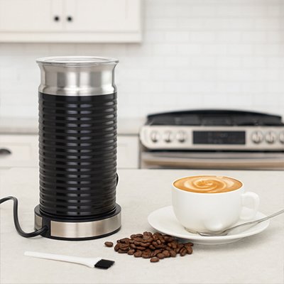 Mousseur à lait électrique avec son socle d'alimentation et sa brosse de nettoyage, entouré de grains de café torréfiés dans une cuisine moderne