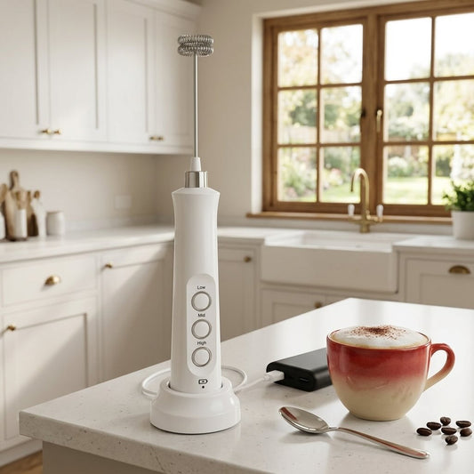 Mousseur à lait électrique blanc l'Expert 3-en-un branché avec câble USB sur batterie externe