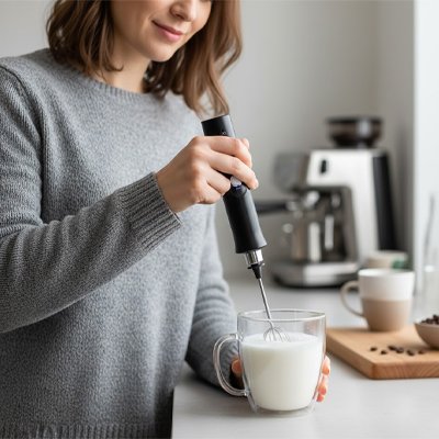 Mousseur à lait électrique en action dans une tasse transparente.