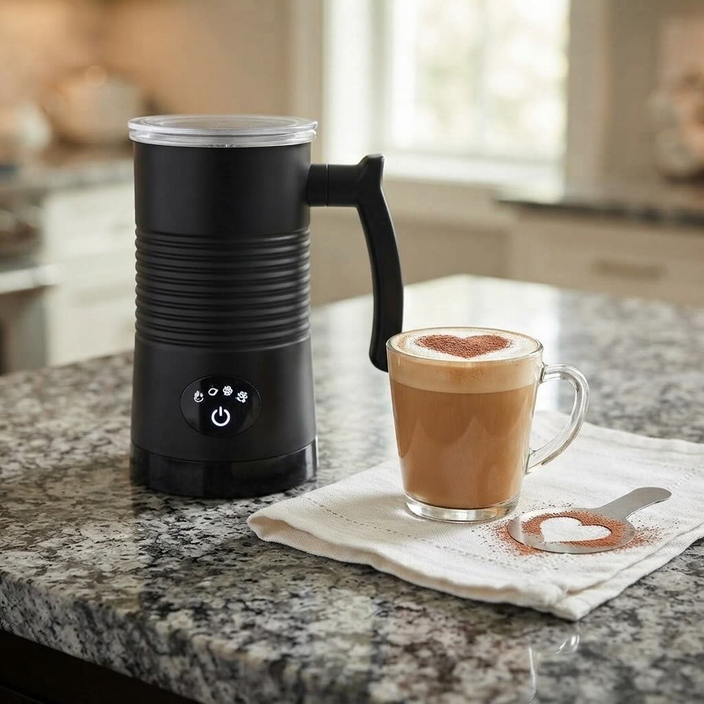 Mousseur à lait électrique Le mousséat sur comptoir en granit tasse moka avec pochoir en coeur
