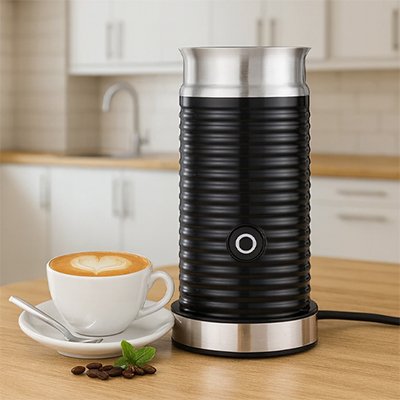 Mousseur à lait électrique noir au design cannelé posé sur un comptoir de cuisine à côté d'une tasse de cappuccino avec un coeur en latté art.