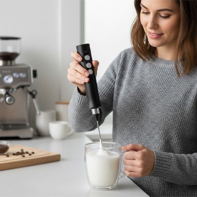 Mousseur à lait électrique utilisé pour un latte, format rechargeable sans fil.