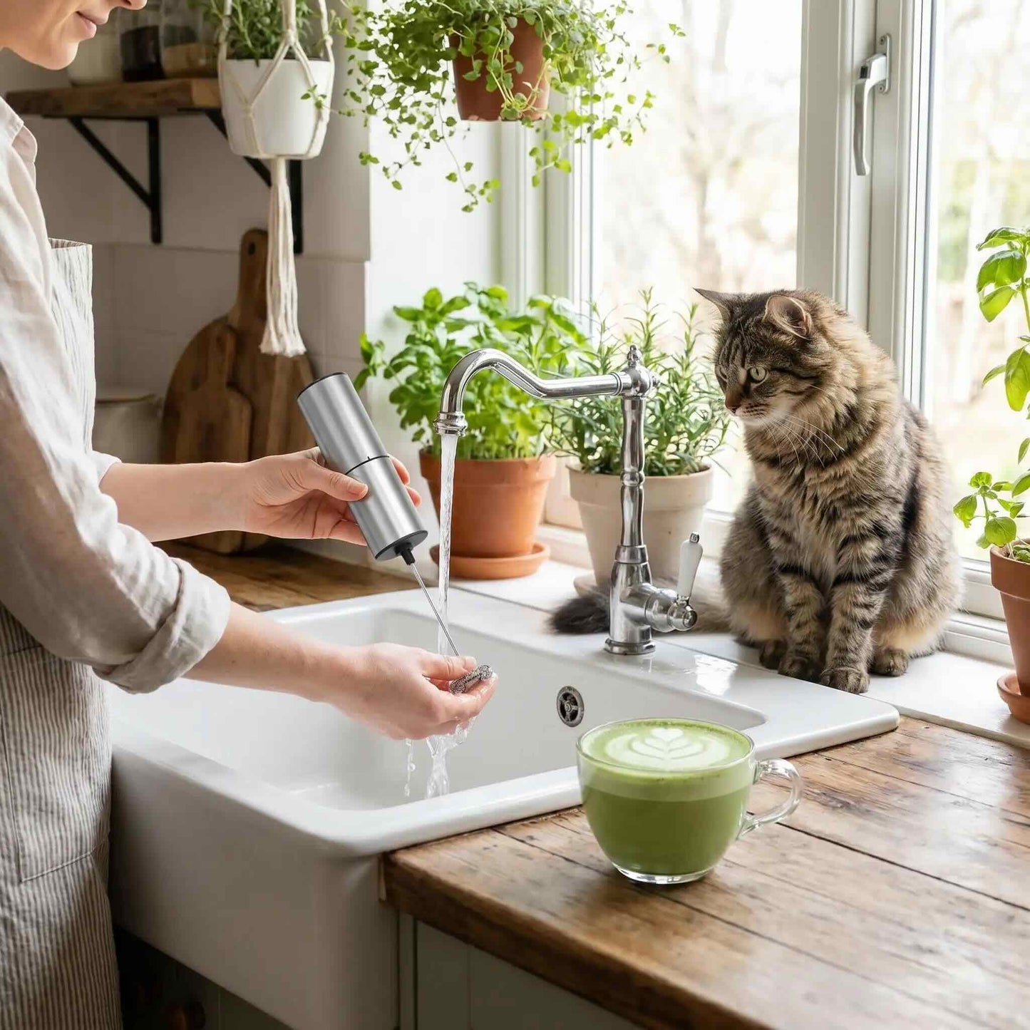 Mousseur a lait en acier inoxydable rincé sous l'eau dans un évier de cuisine.