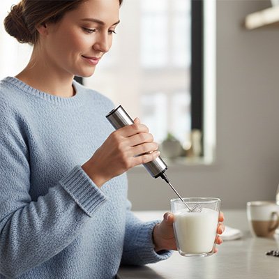 Mousseur a lait  en inox utilisé par une femme pour faire mousse du lait dans un verre.