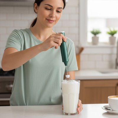 Mousseur de lait | L'Hybride en action: une femme l'utilise pour faire mousser du lait dans un grand verre dans sa cuisine.