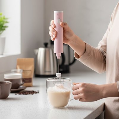 Mousseur de lait | L'Hybride rose utilisé pour faire mousser le lait d'un café dans une tasse en verre.
