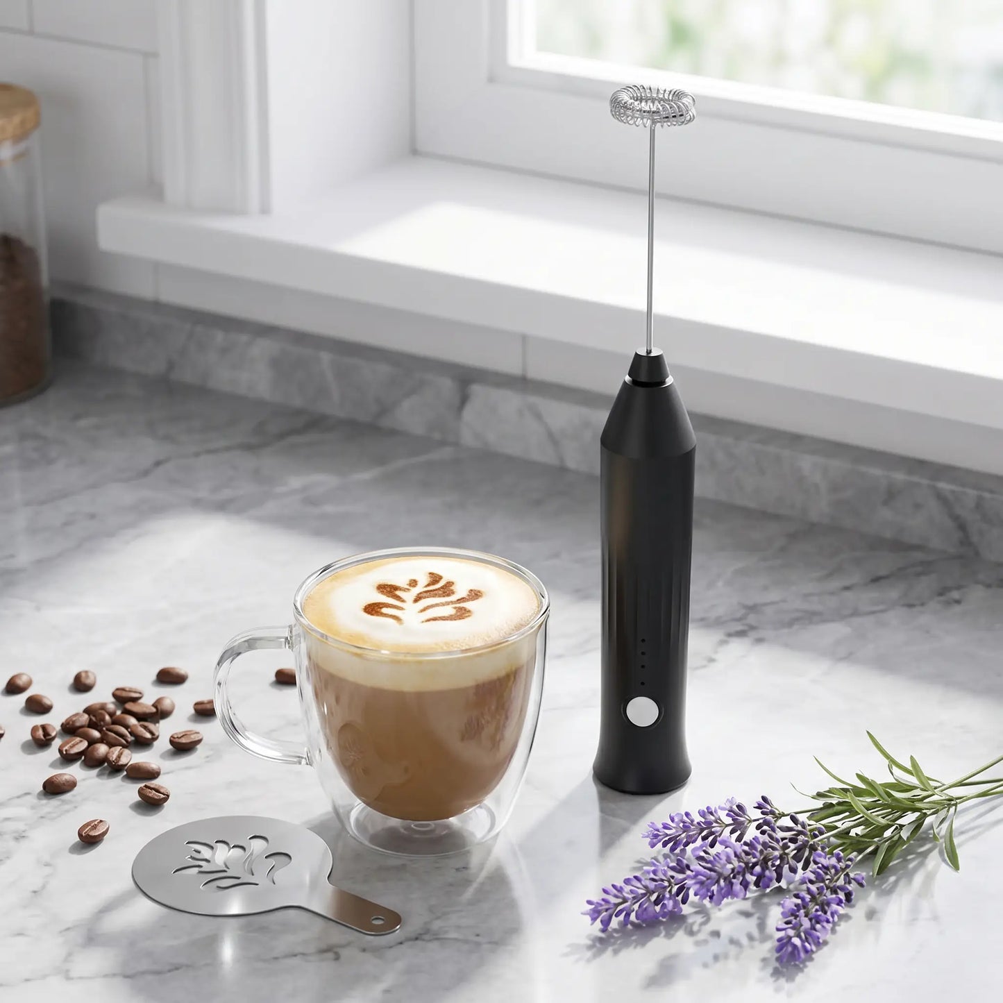 Mousseur lait | Le Vortex sur un plan de travail en marbre près d'un café moussé, des grains de café et un pochoir à latte art.