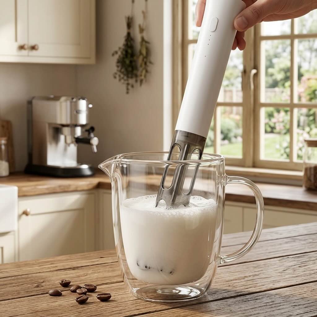 Mousseur lait Rapido socle transparent anti-éclaboussure utilisé pour faire une mousse onctueuse dans tasse en verre