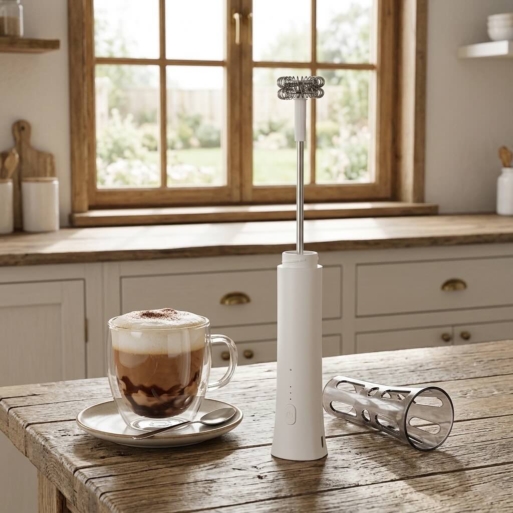Mousseur lait Rapido sur comptoir en bois avec son socle transparent anti-éclaboussure
