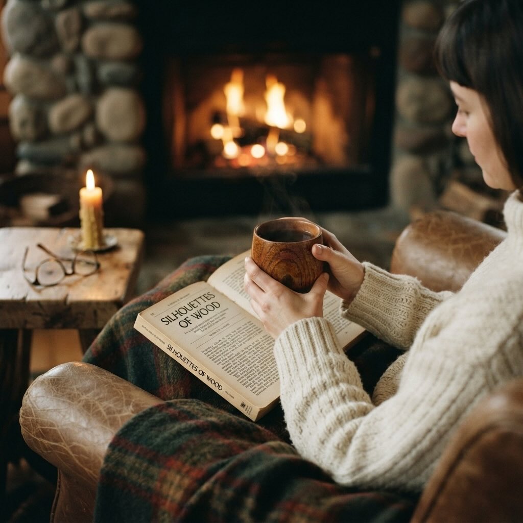 Mug café Minimal dans les main d'une femme dégustant son espresso tout en lisant près d'un feu de foyer
