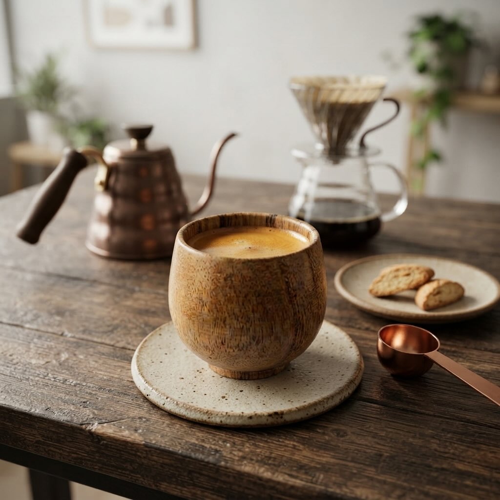 Mug café Minimal déposé sur table près d'une cafetière à filtre méthode douce