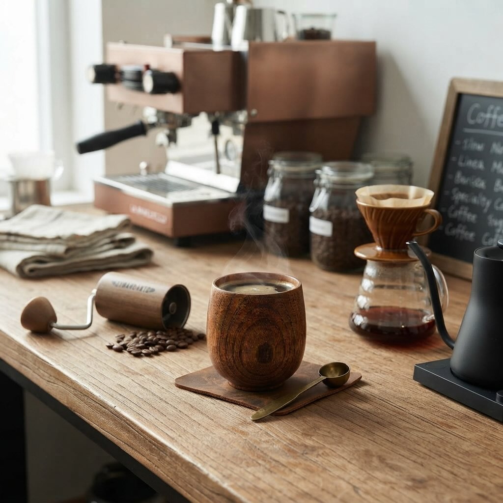 Mug café Minimal sur comptoir en bois avec accessoires barista