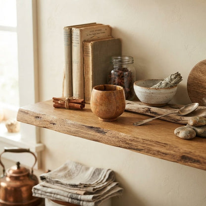 Mug café minimal sur tablette décorative en bois