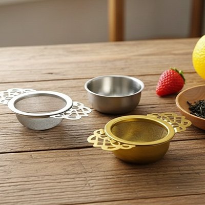 Passoire à thé Arabesque couleur or et argent manches décoratifs festonnés sur table champêtre