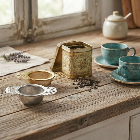 Passoire à thé Arabesque vue des deux modèles or et argent sur comptoir en bois