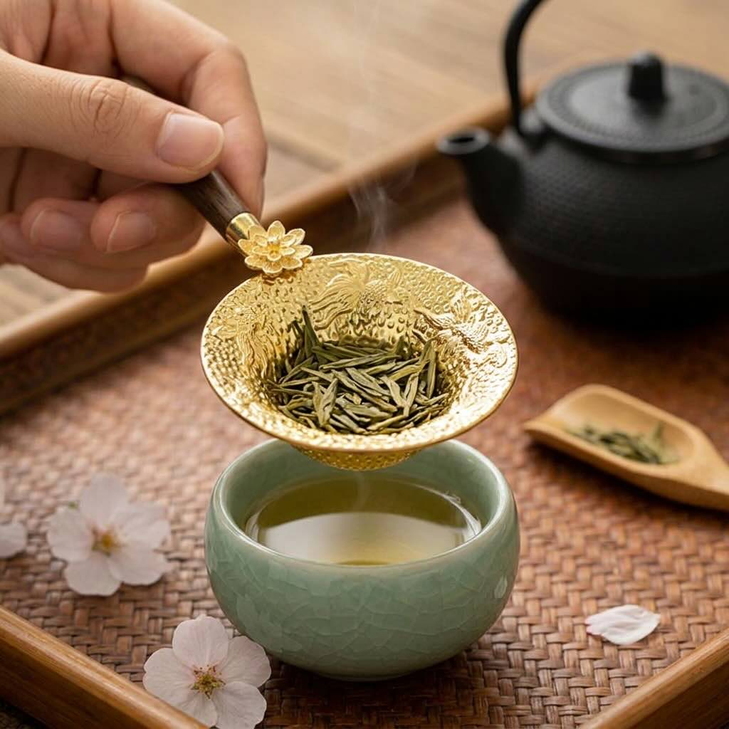Passoire à thé Inoxia or tenue au-dessus d'une tasse à thé vert pâle