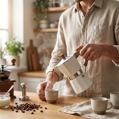 Pause espresso avec Cafetière italienne | Moka Nordique blanche.
