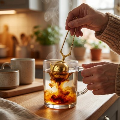 Pince-Moi: Infuseur a thé en inox doré en forme de théière en train d'infuser des feuilles de thé dans une tasse en verre transparente.