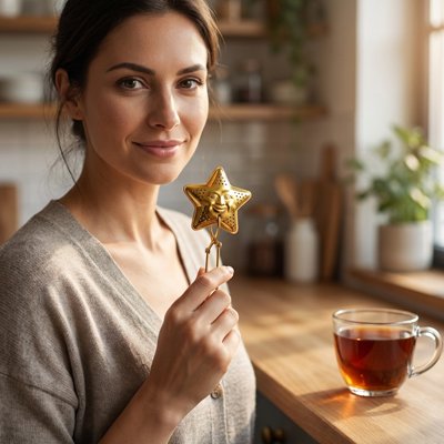 Pince-Moi: Infuseur a thé étoile dorée tenu par une femme souriante, avec une tasse de thé infusée en arrière-plan.