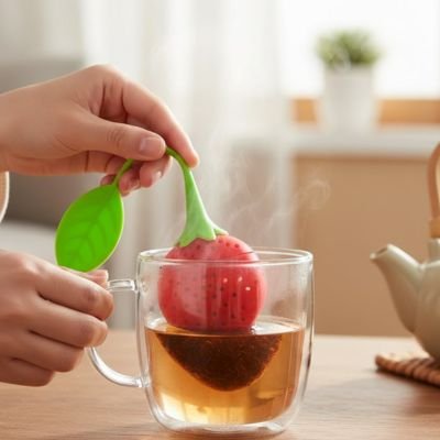 Plan rapproché d'une main abaissant un Infuseur a Thé | Fraisinette rouge dans l'eau chaude d'une tasse en verre