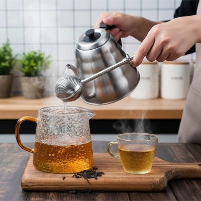 Préparation d'un thé avec Boule à thé | Infusion Élégante - à piston avec bouilloire de précision et carafe en verre martelé dans cuisine moderne