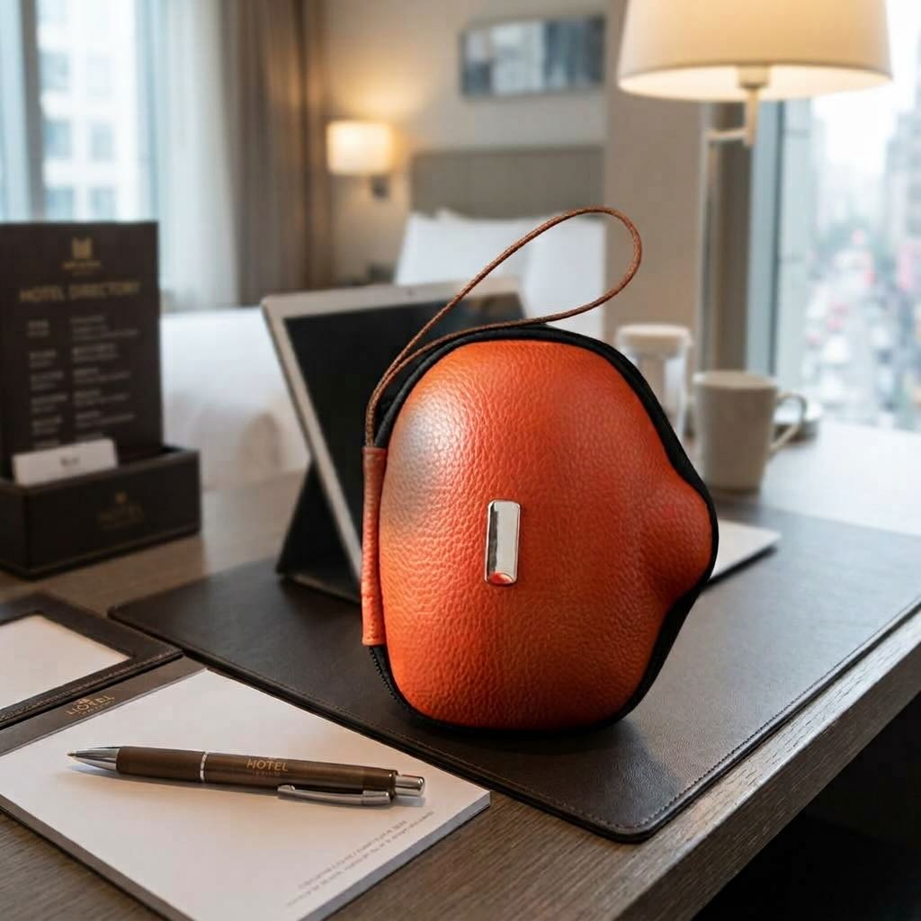 Service à thé Compact étui de transport orange sur bureau de travail dans chambre d'hôtel