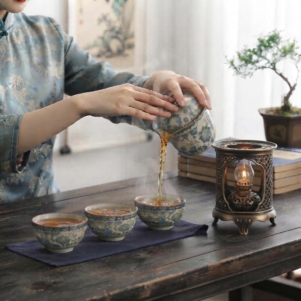Service à thé Lotus une personne verse du thé dans l'une des tasses du service en céramique