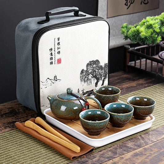 Service à Thé - TravelKungFuSet™ - porcelaine aqua 5A avec théière, gaiwan, 4 tasses et étui de voyage renforcé